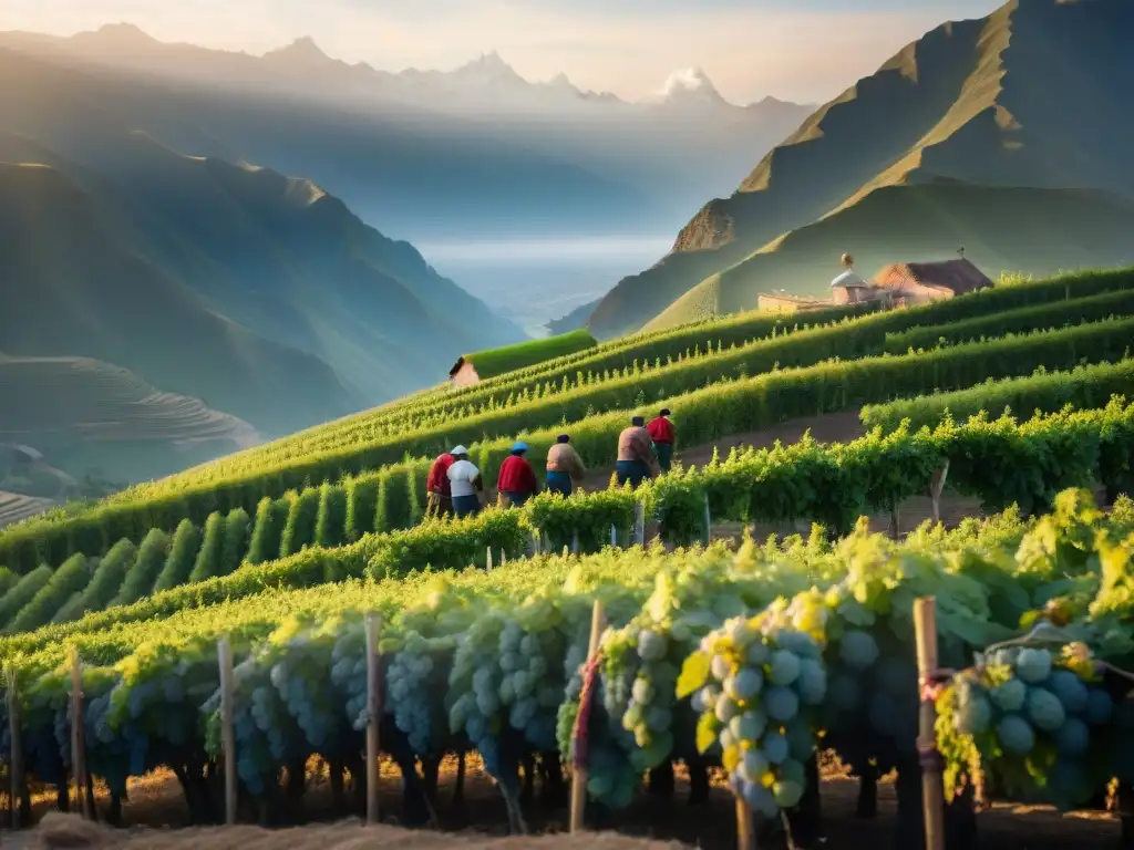 Trabajadores cosechando uvas en destilería de pisco peruano al amanecer, con los Andes de fondo, reflejando la popularidad del pisco en redes