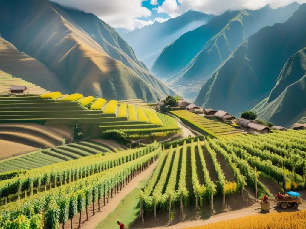 Trabajadores recolectando uvas de pisco en viñedo peruano, con sombreros y ponchos coloridos, en la Ruta del Pisco en Perú