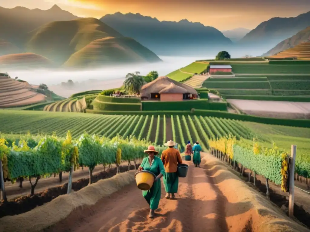 Trabajadores cosechando uvas en viñedo peruano al atardecer con bodega colonial