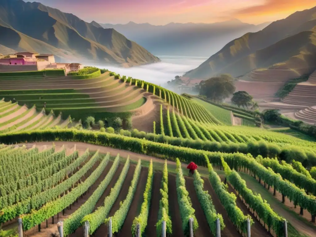 Trabajadores recolectando uvas en viñedo peruano al atardecer