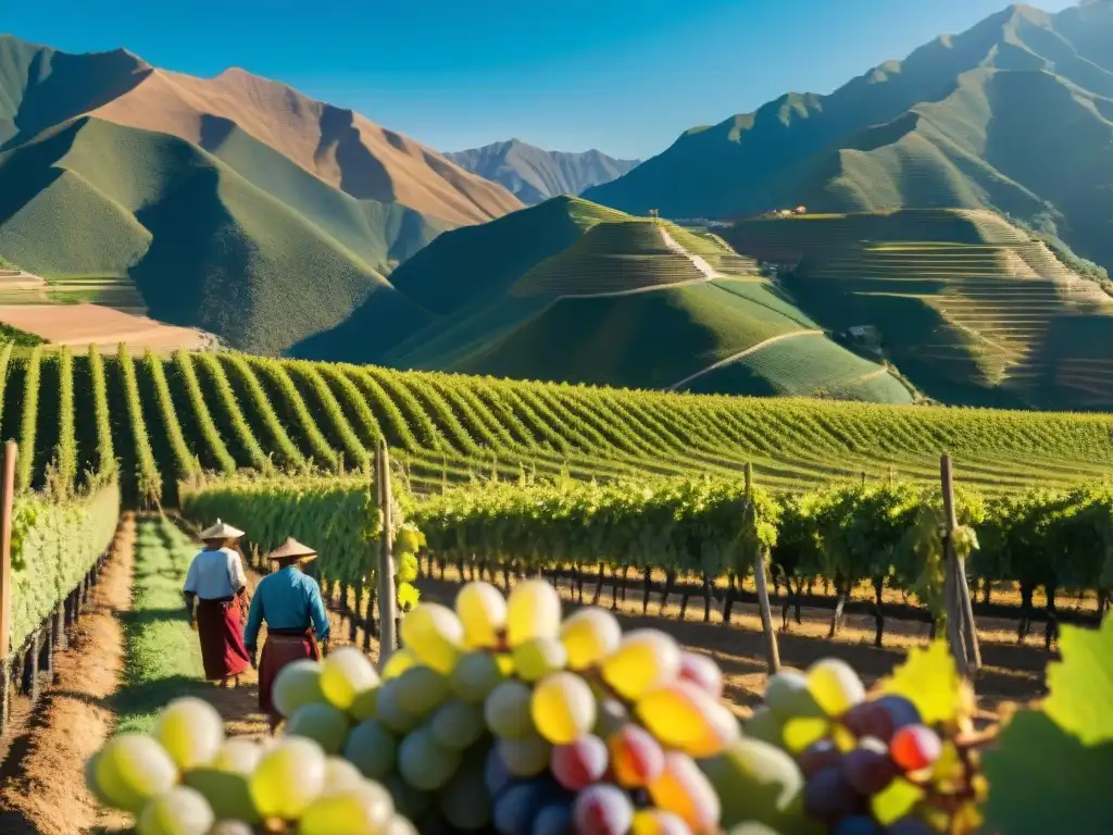 Trabajadores en viñedo soleado de Perú, origen del Pisco, cultivo de uvas bajo cielo azul