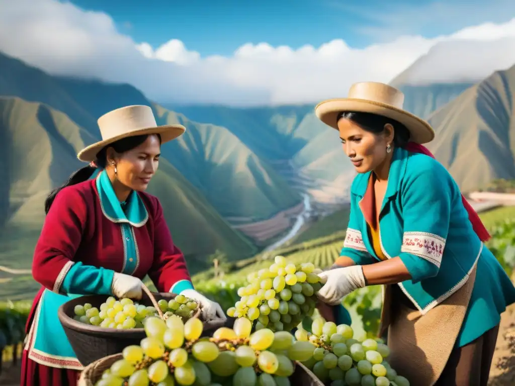 Trabajadores de viñedos peruanos cosechando uvas bajo el sol en viñedos escénicos