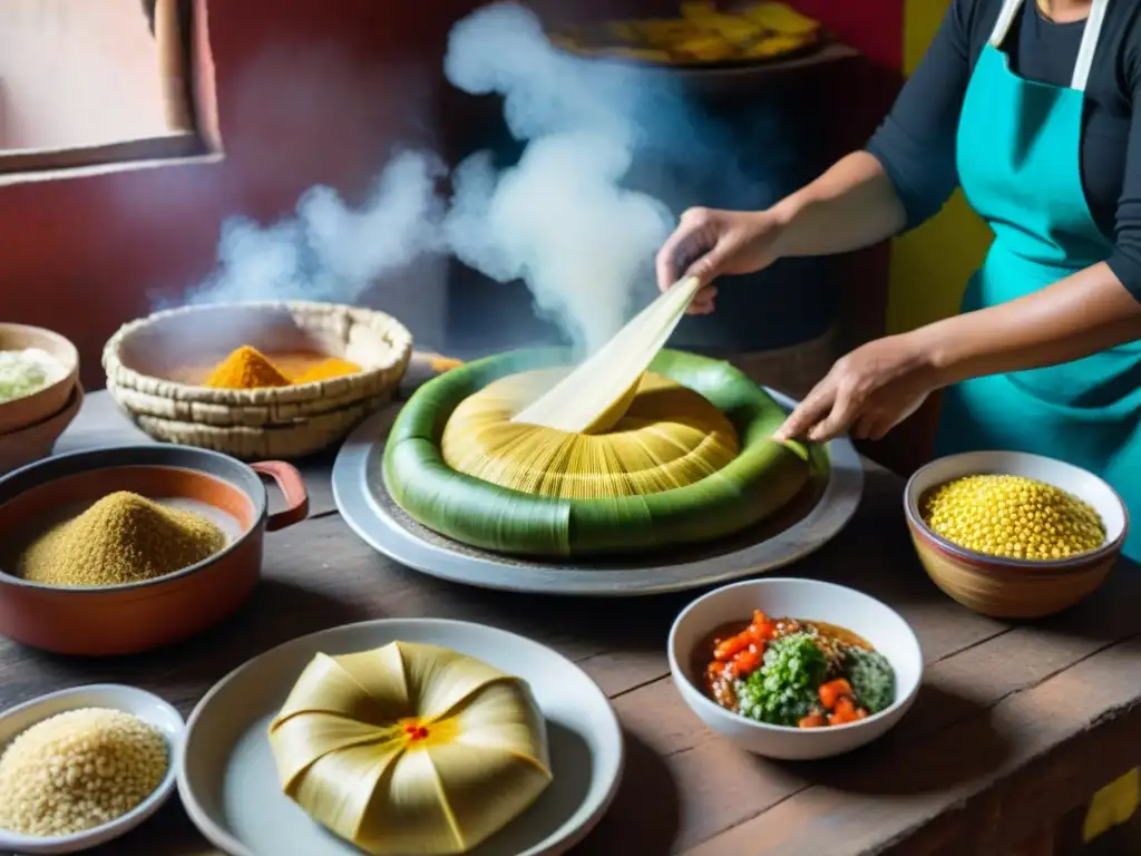 La tradición de los tamales peruanos cobra vida en una cocina rústica llena de ingredientes y utensilios