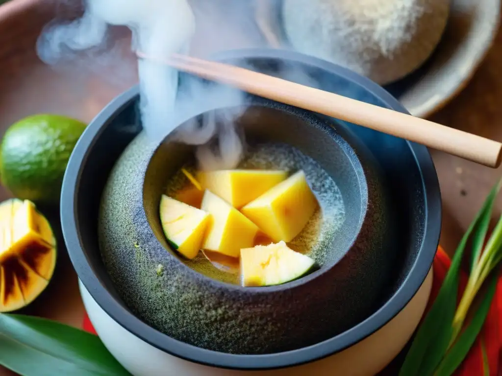 Preparación tradicional de Agua de Sapo con piña, caña de azúcar y jengibre en molcajete peruano