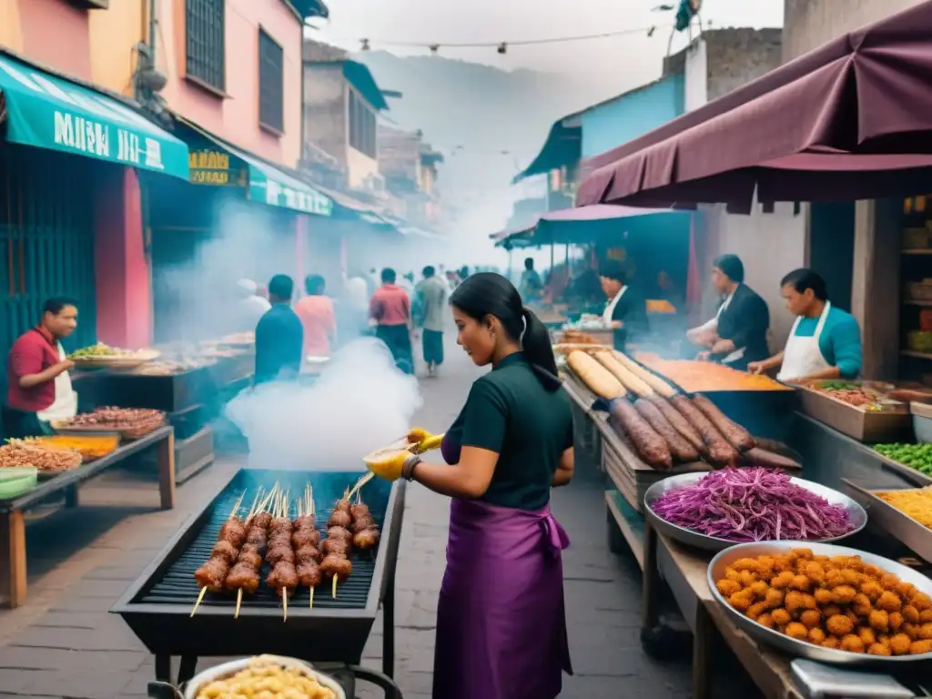 Vibrante escena callejera: Anticuchos en Lima, Perú Preparación tradicional de anticuchos peruanos en una bulliciosa calle de Lima, con colores vibrantes y aroma delicioso