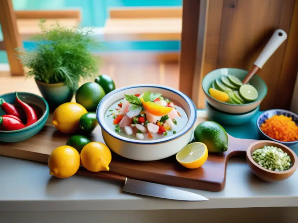 Preparación de ceviche peruano: frescura y tradición en alta resolución Preparación tradicional de ceviche peruano con variados ingredientes frescos y coloridos en estación de cocina auténtica