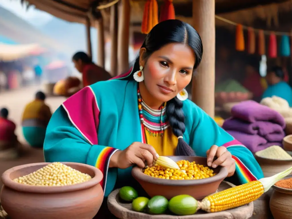 Preparación tradicional de chicha de jora en mercado andino de Perú