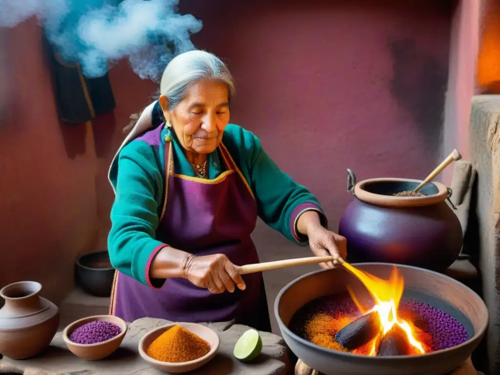 Elaboración tradicional chicha morada: Anciana peruana prepara la bebida morada en cocina rústica llena de ingredientes coloridos