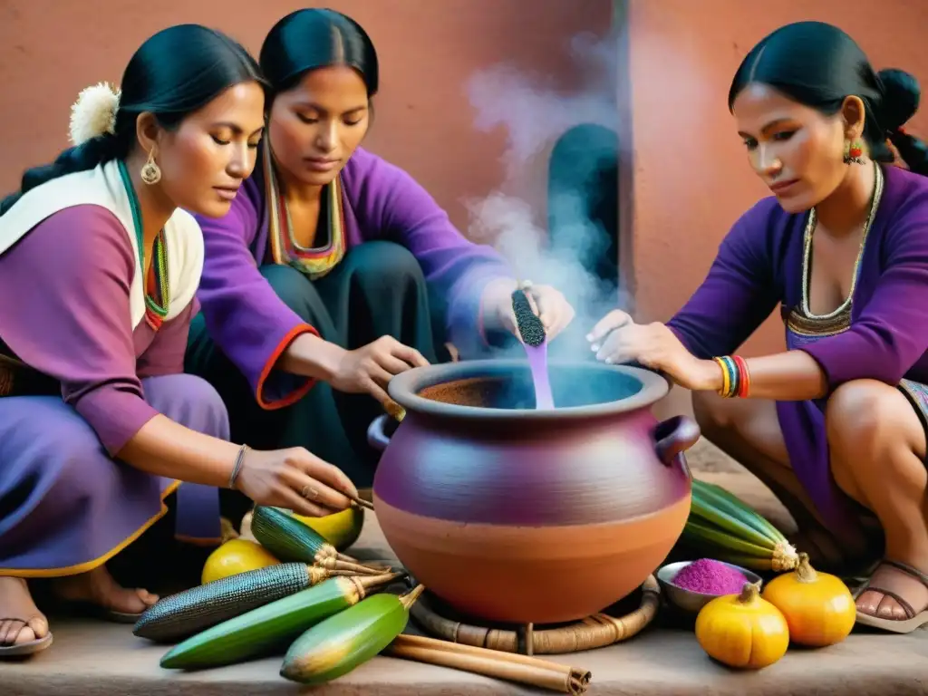 Elaboración tradicional de chicha morada: Familia peruana preparando la ancestral bebida morada en una escena detallada y emotiva