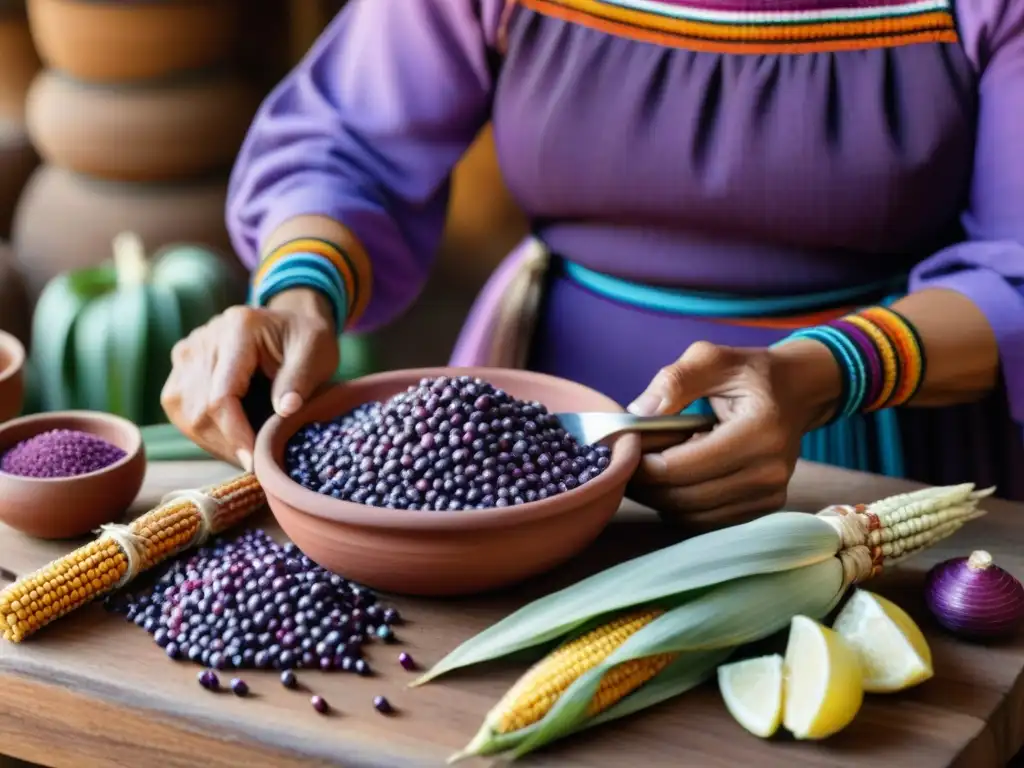 Elaboración tradicional de chicha morada: Manos expertas preparan maíz morado en cocina peruana