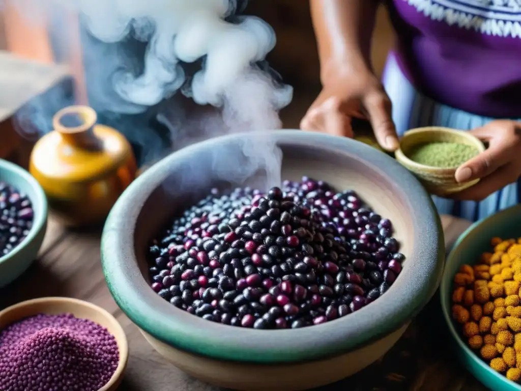 Elaboración tradicional chicha morada: Detalle vibrante de manos de mujer peruana preparando maíz morado en cocina rústica