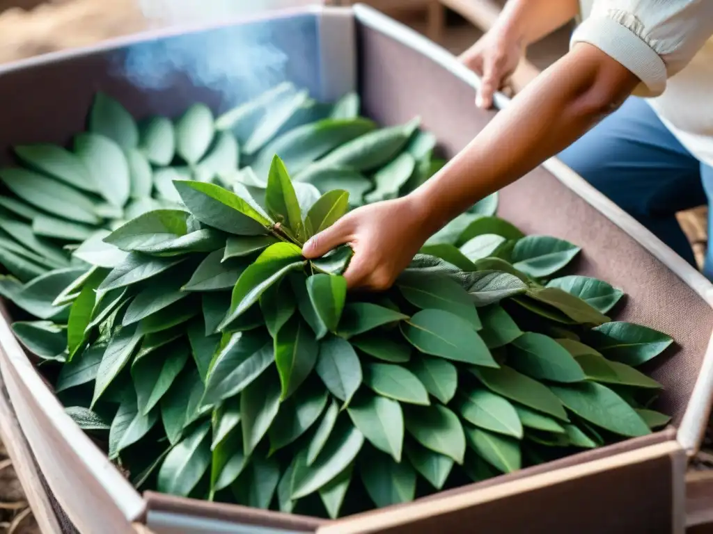 Elaboración tradicional mate de coca: Seleccionando y secando hojas de coca bajo el sol andino, en un proceso detallado y culturalmente rico