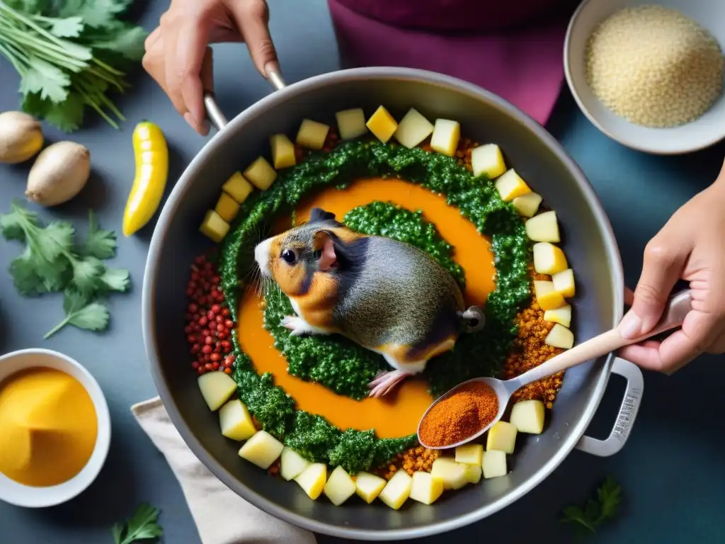 Preparación tradicional del cuy chactado en cocina andina: chef sazona cuidadosamente el cuy antes de cocinarlo en sartén caliente