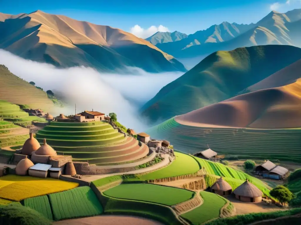 Tradicional destilería peruana en el campo, con artesanos en vestimenta colorida y paisaje rural