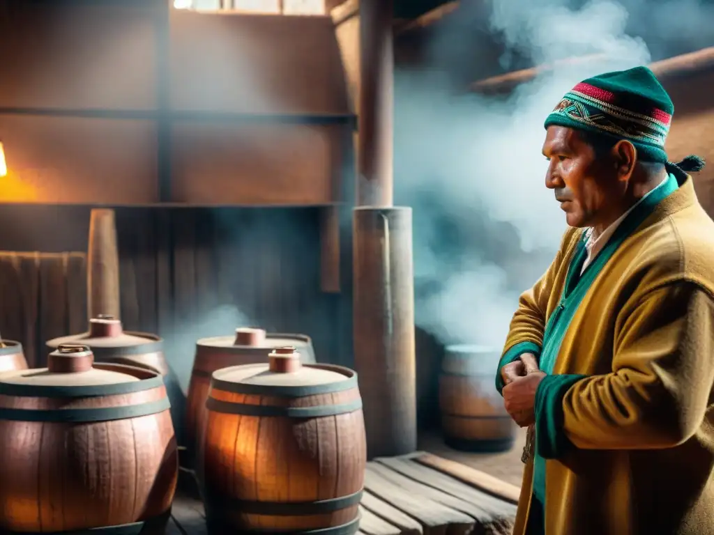 Tradicional destilería peruana mostrando la historia del pisco peruano con trabajadores y alambiques de cobre en un ambiente rústico y tenue