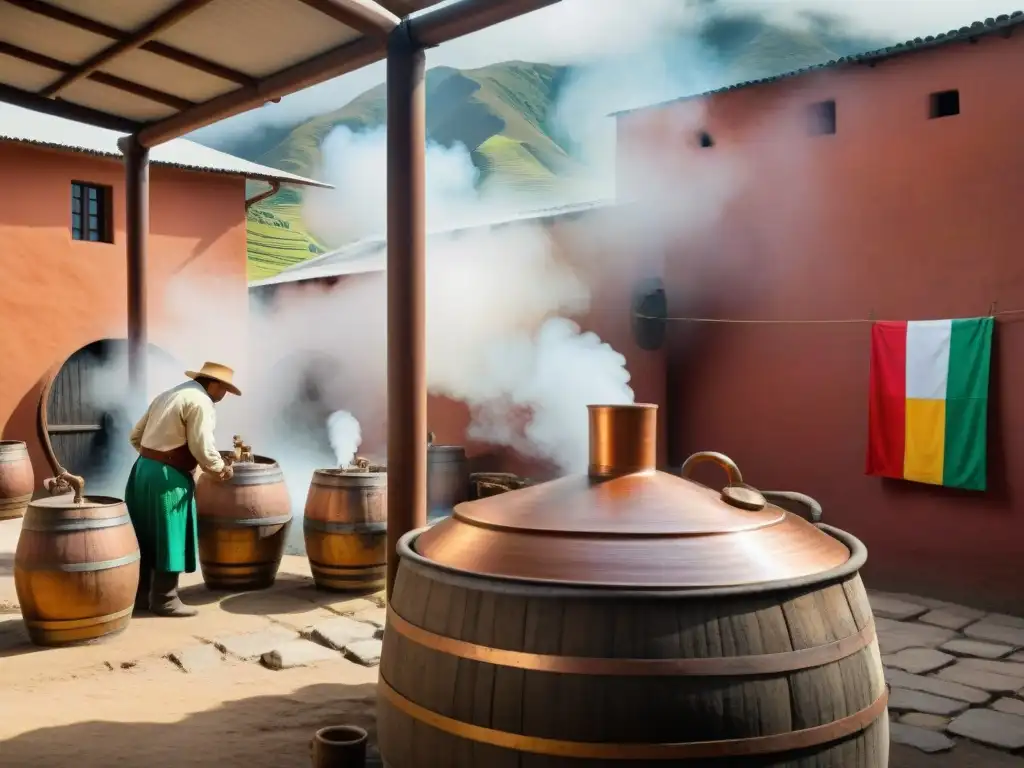 Tradicional destilería peruana: Origen del Pisco en Perú, trabajadores cuidando el proceso de destilación con colores vibrantes y atardecer cálido