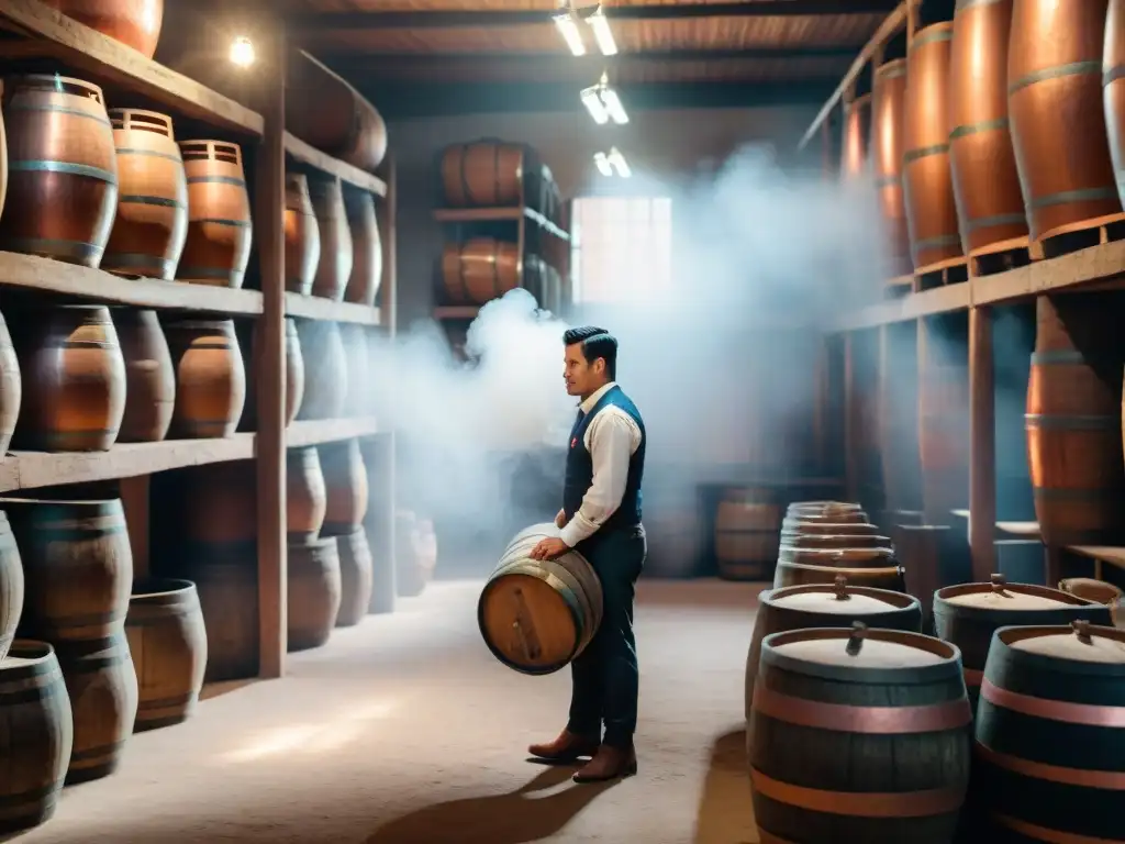 Tradicional destilería peruana de pisco con trabajadores expertos y alambiques de cobre relucientes, rodeados de barriles de envejecimiento