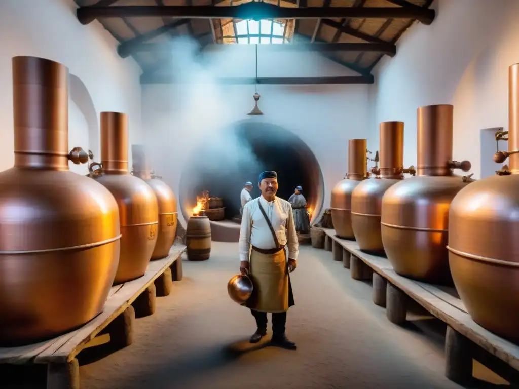 Tradicional destilería de pisco en Perú, destacando la importancia del pisco en la cultura peruana con trabajadores y alambiques de cobre