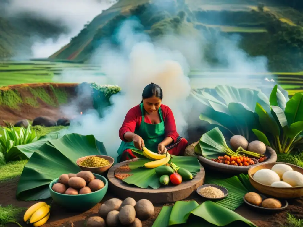 Preparación Pachamanca cocina autóctona: Ceremonia de preparación tradicional en los Andes con experto indígena y coloridos ingredientes