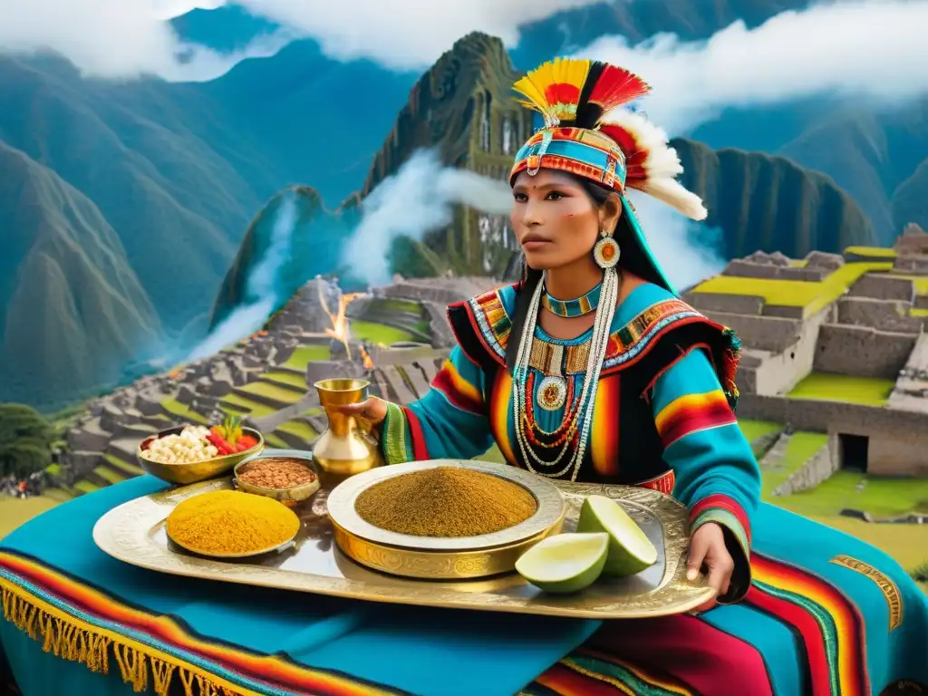 Celebración tradicional Inca con coloridos trajes y ofrenda de comida andina en plato dorado