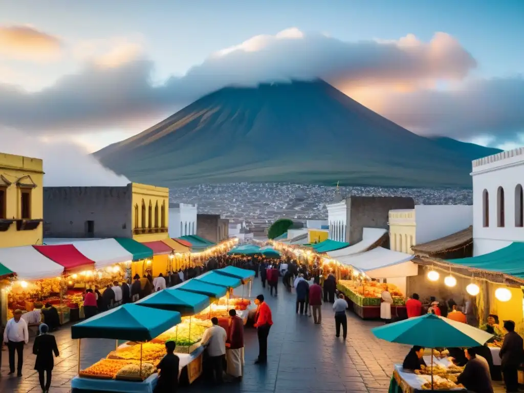 Gastronomía tradicional peruana en Arequipa: Una calle bulliciosa con coloridos puestos de comida y el icónico Misti de fondo