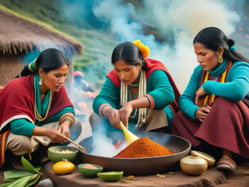 Pachamanca en los Andes: tradición familiar peruana Preparación tradicional de Pachamanca peruana: Familia andina reunida alrededor del hoyo de cocción, compartiendo saberes y tradición