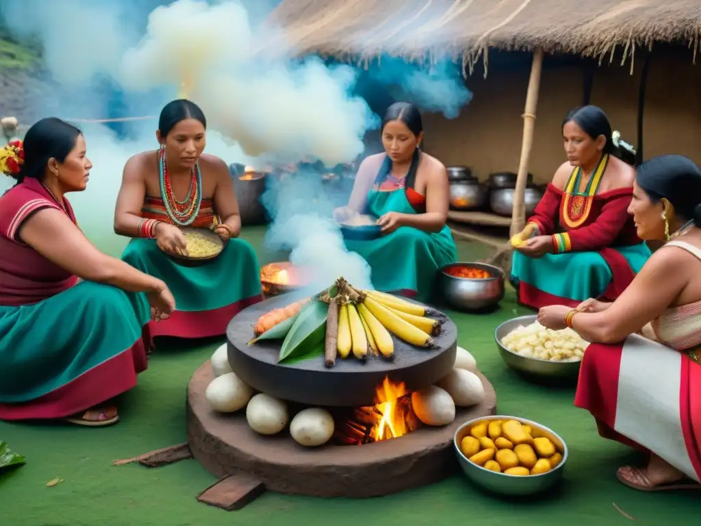 Ceremonia de Pachamanca en Perú: tradición y comunidad Preparación tradicional de Pachamanca peruana: Familias peruanas preparando una ceremonia alrededor de un horno de tierra lleno de alimentos