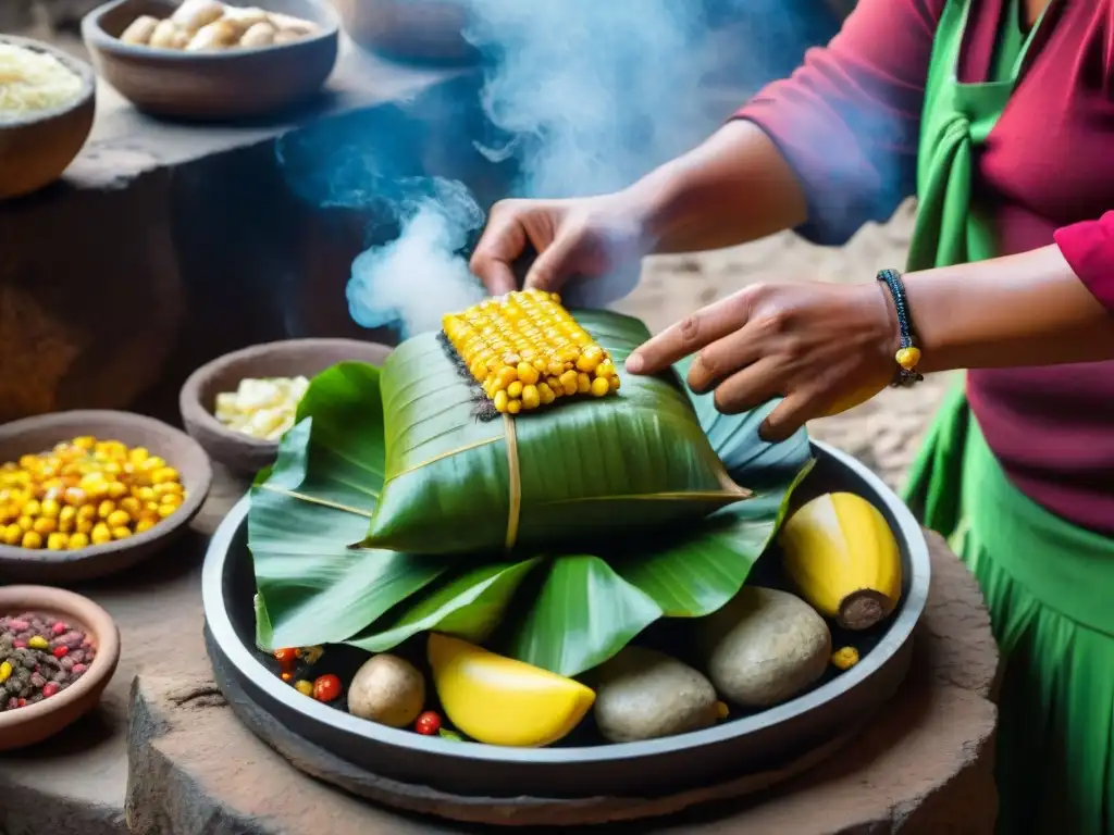 Pachamanca peruana: ancestral preparación subterránea Preparación tradicional de Pachamanca peruana en horno de piedra subterráneo, manos expertas ensamblando ingredientes