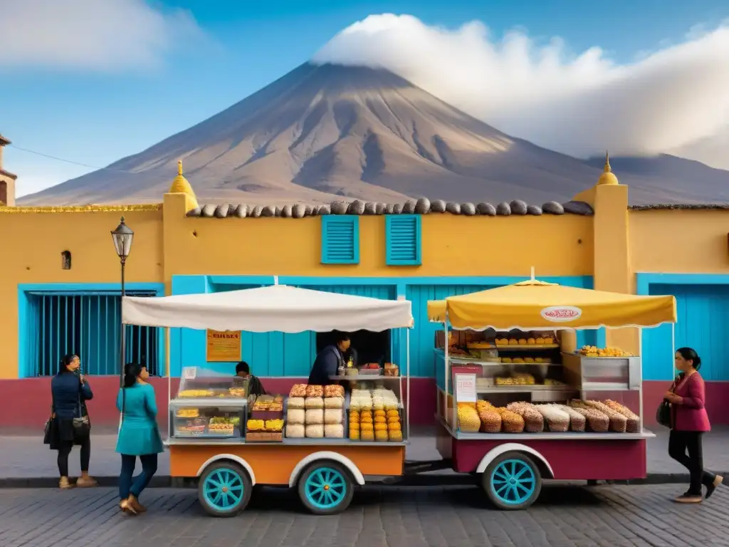 Gastronomía tradicional peruana en Arequipa: vendedor de postres rodeado de locales y turistas, con el volcán Misti de fondo