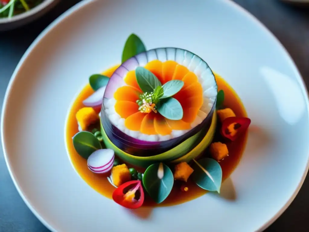 Innovación en presentación ceviche Perú: Ceviche tradicional peruano con toque moderno y fresco en plato blanco