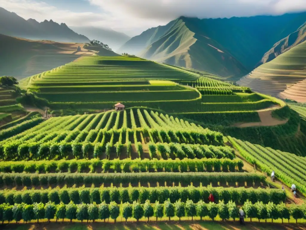 Tradicional producción de Pisco en Perú: agricultores cuidando viñedos en un paisaje pintoresco