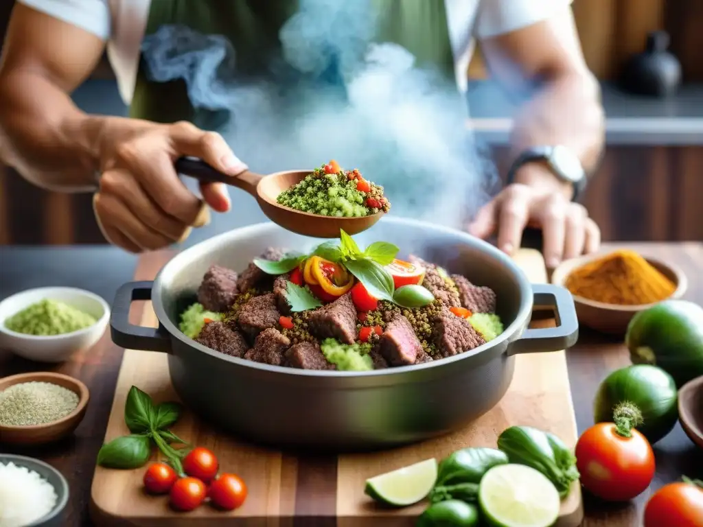 Preparación tradicional de caigua rellena peruana con ingredientes frescos en cocina rústica