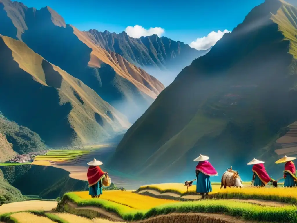 Tradicionales agricultores peruanos en los Andes cultivando quinua, con terrazas y llamas