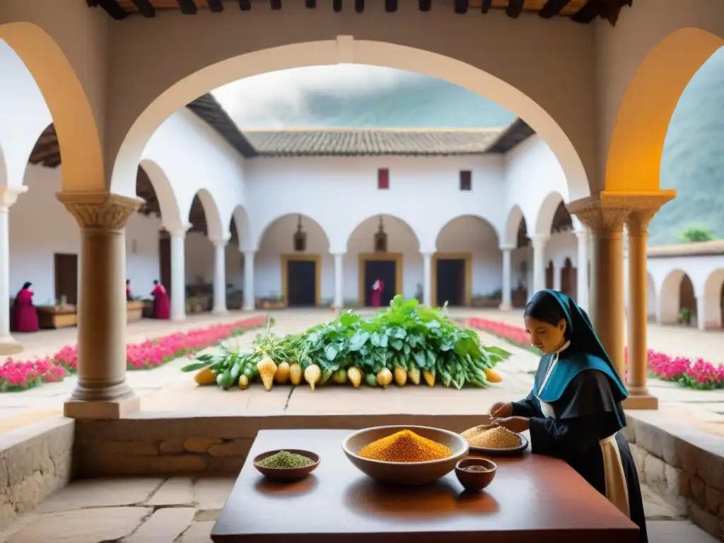 Un tranquilo patio de convento peruano fusionando influencias europeas e indígenas en su gastronomía