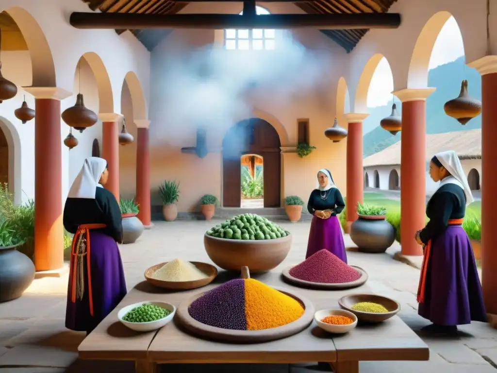 Un tranquilo patio conventual en Perú con ingredientes coloridos y monjas preparando platillos