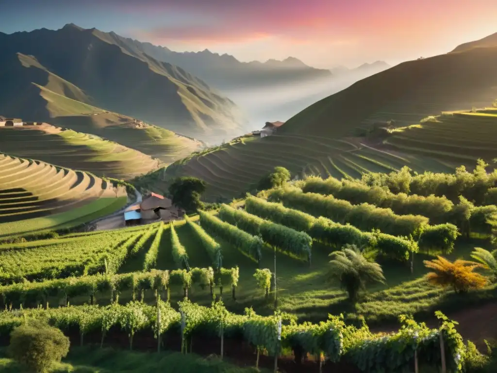 Trasfondo de la producción del Pisco: atardecer sobre viñedos, destilería y vendimia en Perú