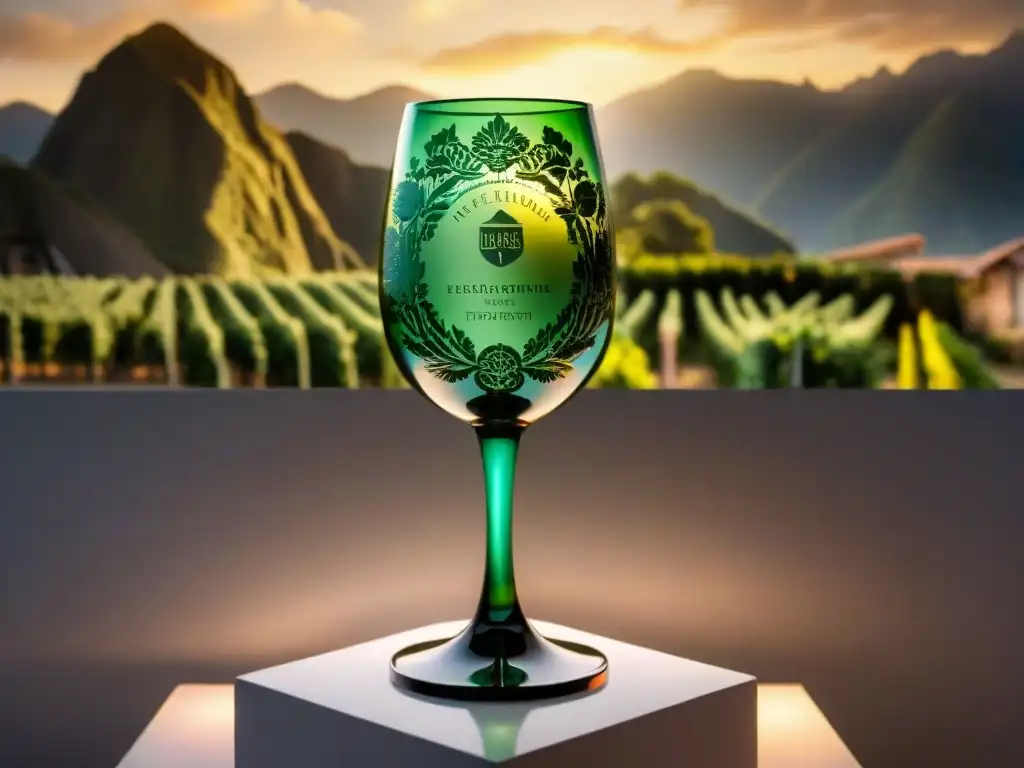 Un trofeo de prestigioso premio internacional de vinos peruanos, destacando detalles de diseño y reconocimiento global