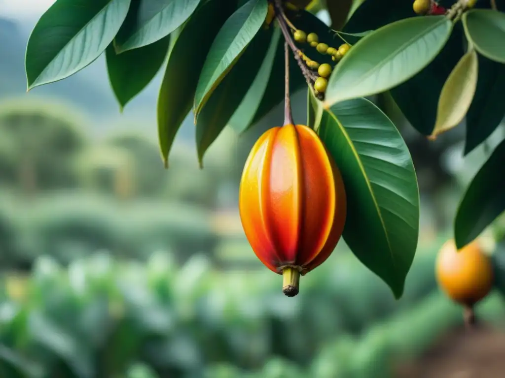 Usos culinarios de la lúcuma: Detalle vibrante de una fruta madura en un exuberante huerto peruano