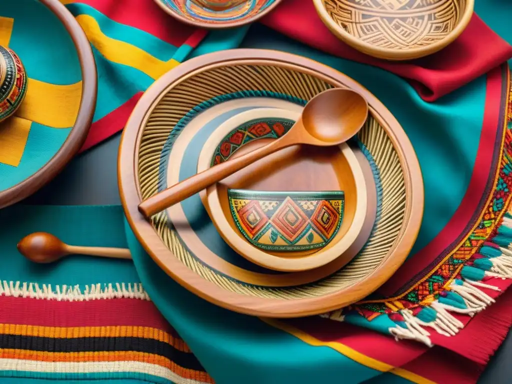 Utensilios de cocina artesanales peruanos: Detalle de utensilios tradicionales con diseño moderno, colores vibrantes y tejidos andinos