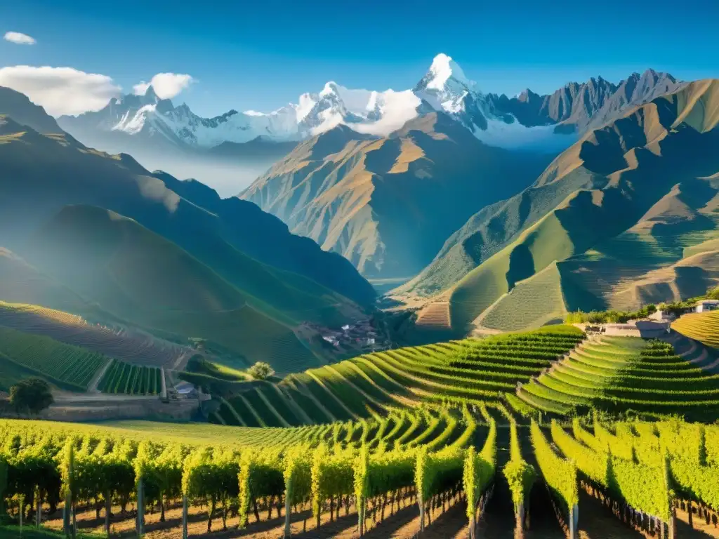 Plantación de uvas en viñedo peruano con la majestuosidad de los Andes al fondo