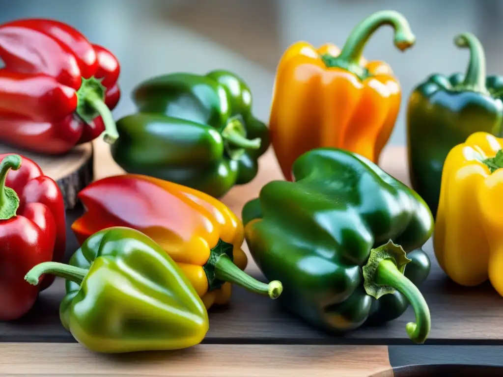 Variedad de ajíes frescos en tabla de madera: rojos, amarillos y verdes brillantes, listos para deliciosas recetas con ají para niños