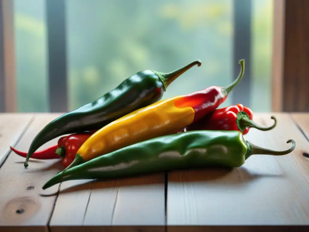 Una variedad de ajíes peruanos coloridos y diversos sobre una mesa rústica, iluminados suavemente por la luz natural