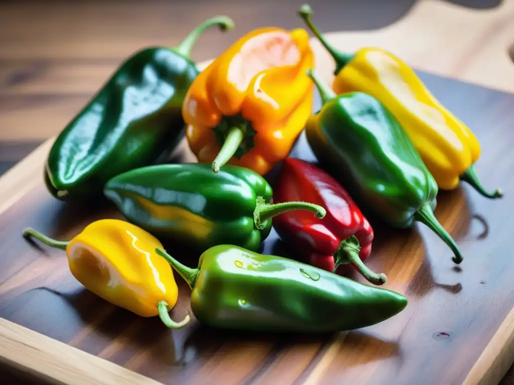 Una variedad de ajíes peruanos coloridos y frescos sobre tabla de cortar de madera, resaltando la diversidad del ají en la gastronomía peruana