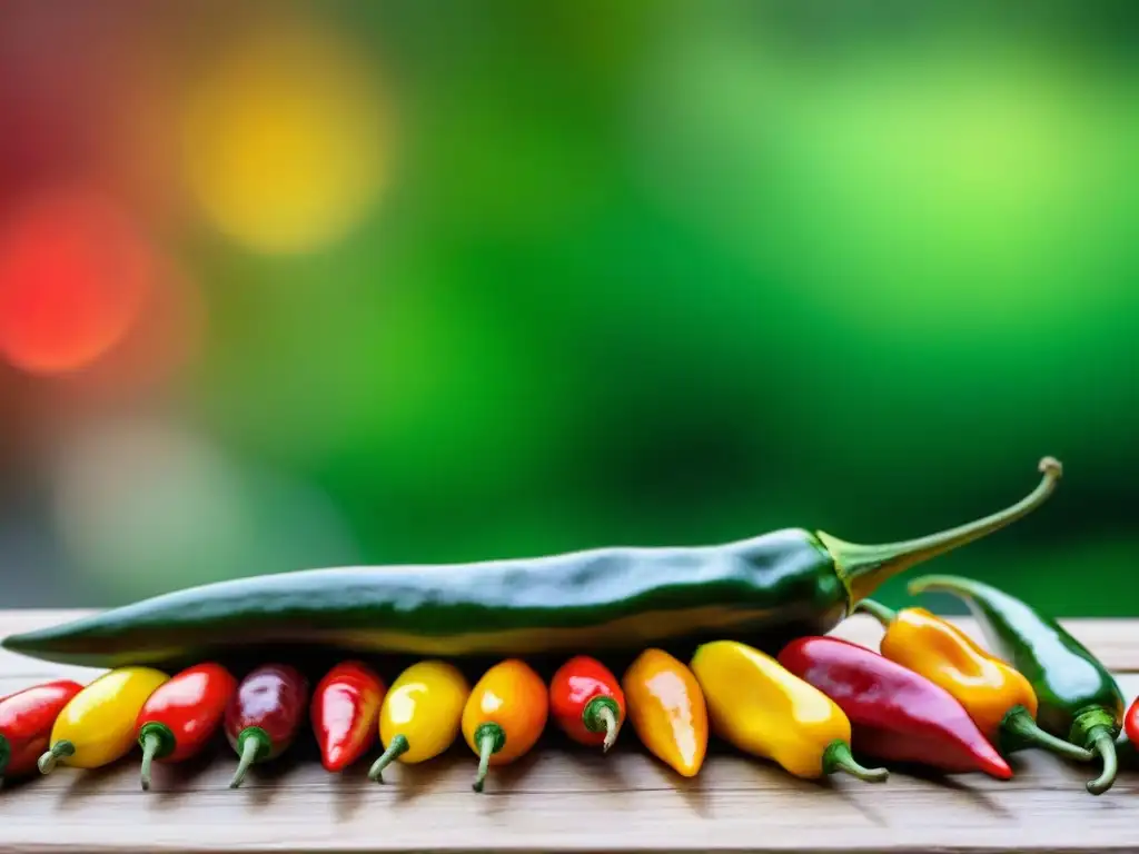 Variedad de ajíes peruanos en mesa rústica, listos para recetas con ajíes en conserva