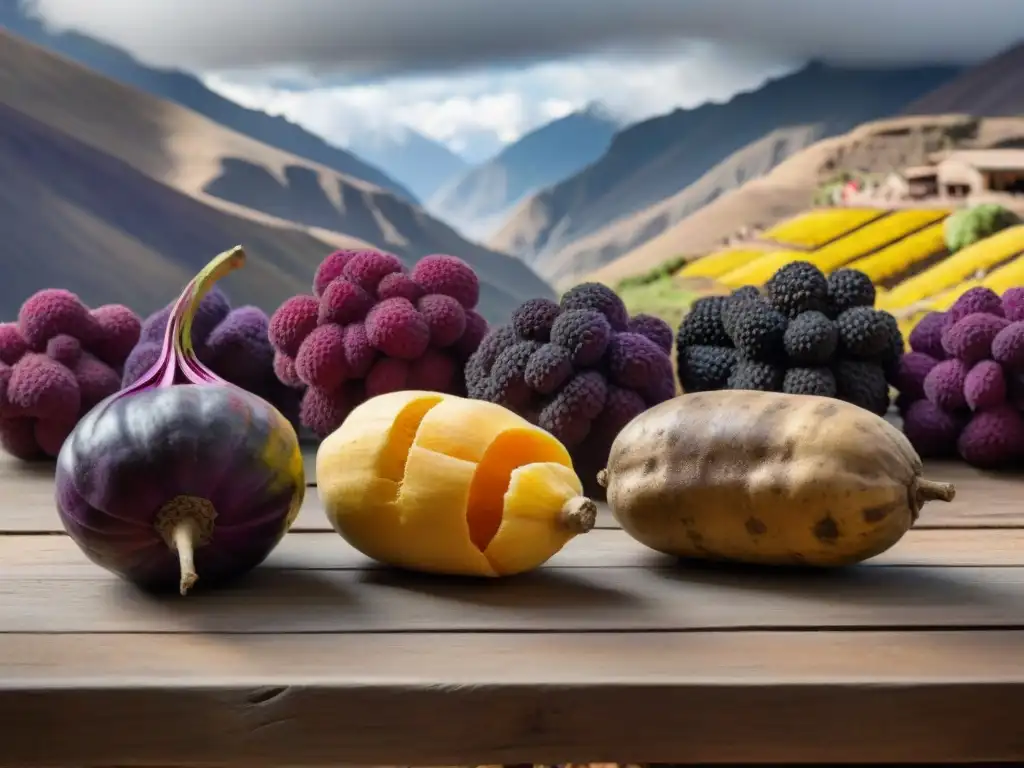 Una variedad colorida de ollucos frescos sobre mesa rústica, destacando su diversidad nutritiva