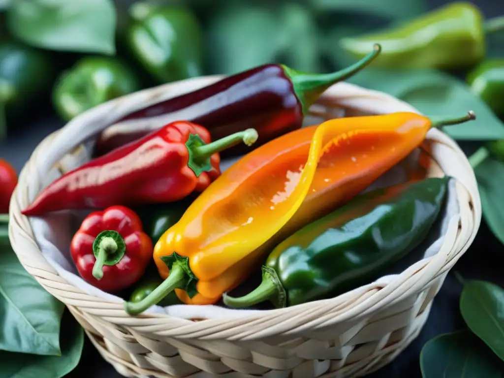 Una variedad de coloridos ajíes peruanos en una cesta tejida, resaltando sus formas y colores vibrantes