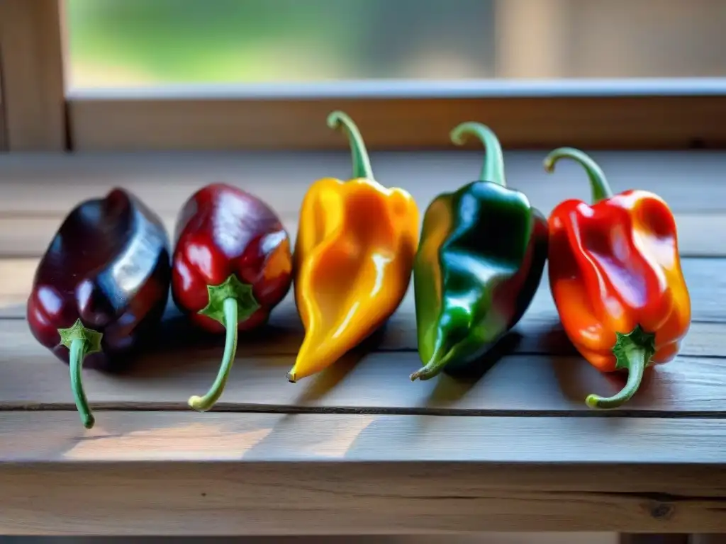Ajíes peruanos: diversidad de colores y sabores en mesa rústica Una variedad de coloridos ajíes peruanos en una mesa rústica, destacando sus formas y colores únicos bajo la luz natural