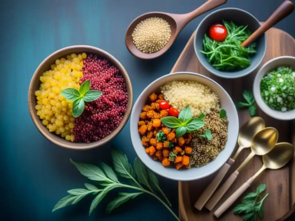 Una variedad de coloridos platos de quinua en la cocina contemporánea, dispuestos bellamente en una mesa de madera rústica