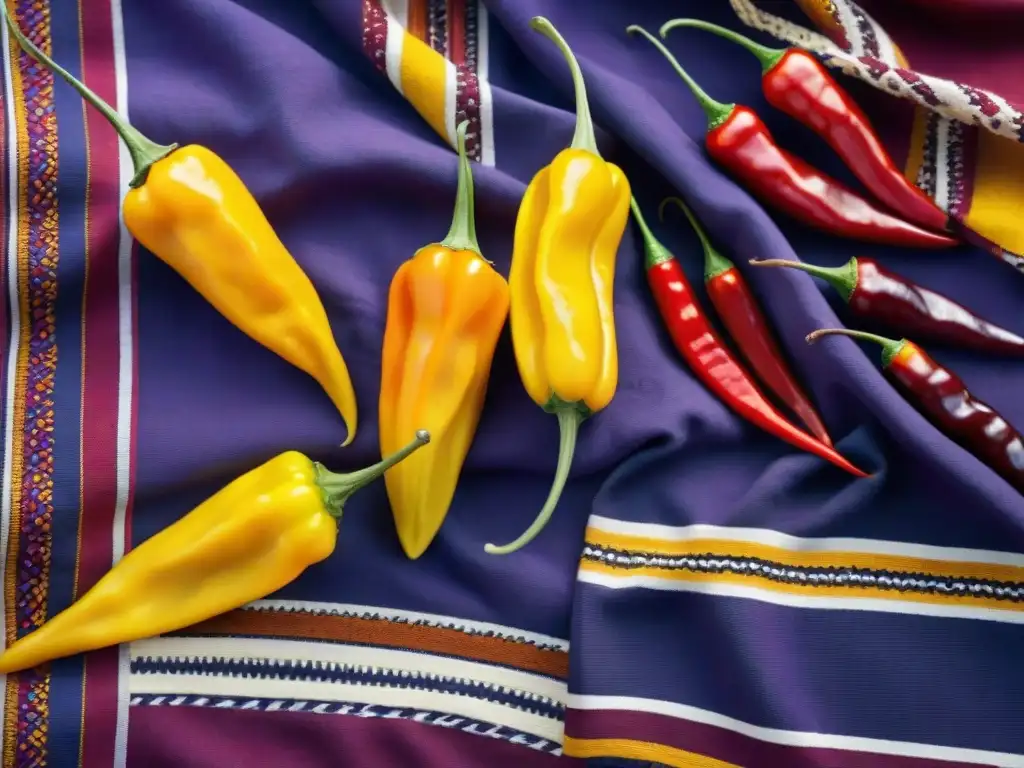 Variedad de ingredientes peruanos sobre textiles tradicionales, conservación esencia gastronomía peruana