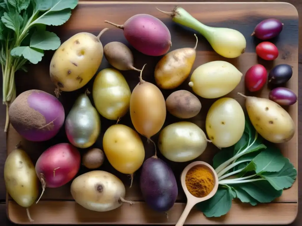 Una variedad de papas coloridas y diversas en una mesa rústica, resaltando la importancia de ingredientes autóctonos en la gastronomía peruana